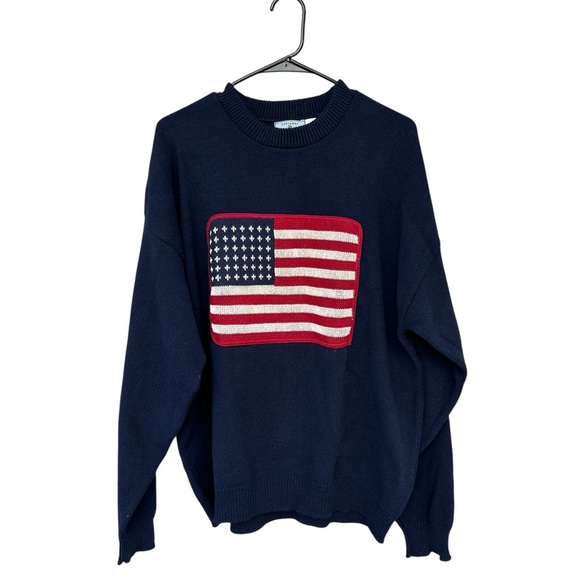 Castaway Nantucket CREW NECK SWEATER NAVY WITH AMERICAN FLAG - 100% Cotton - XL - Picture 1 of 11